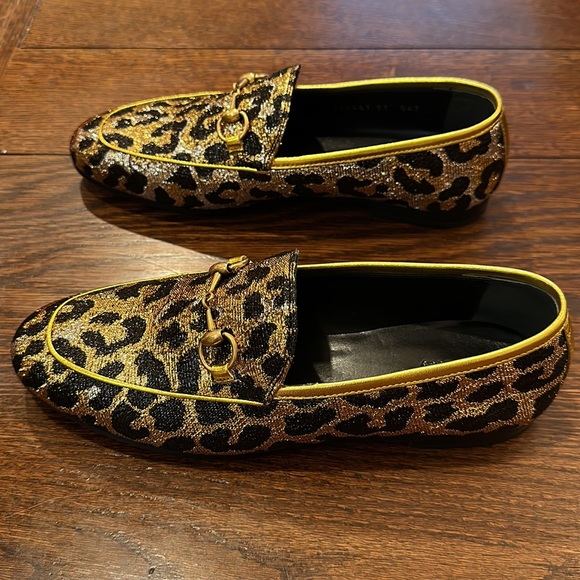 Gucci NWT Jordaan Horsebit Loafers with leopard print jacquard and gold hardware - Picture 3 of 12
